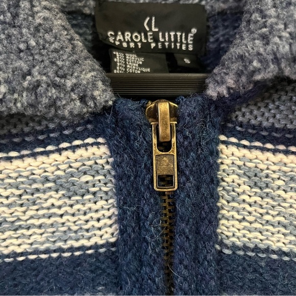 NWOT Carole Little Wool Navy Cream Stripes Patchwork Knit Fleece Neck Cardigan S - Picture 4 of 12